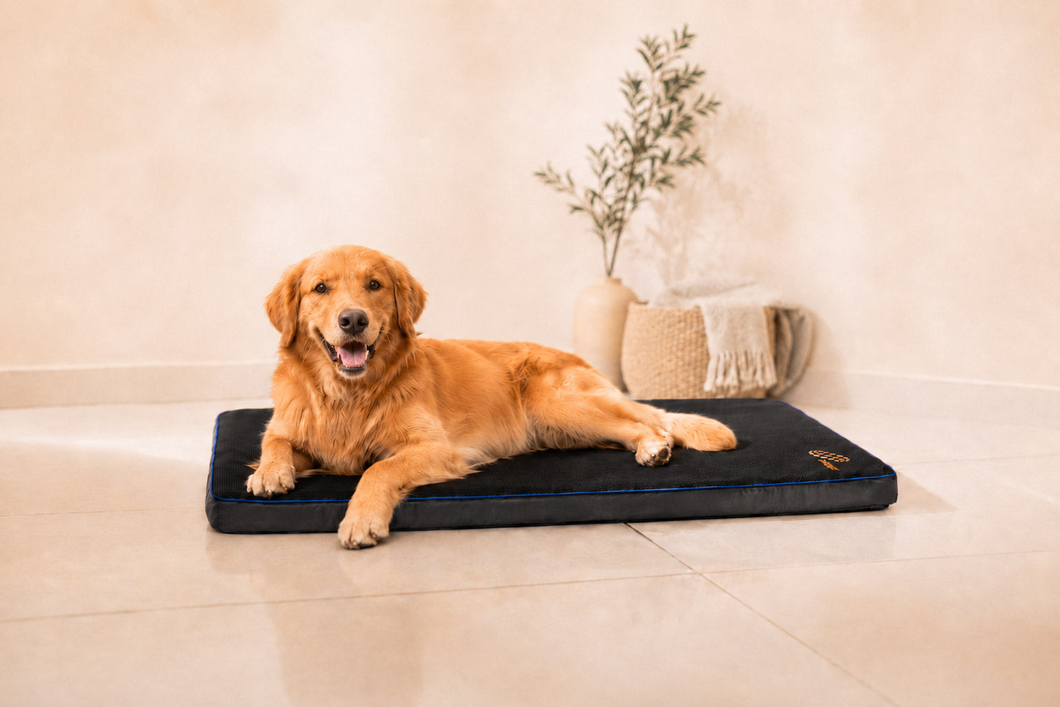 Dog resting on a Petspemf Pad in a bright home